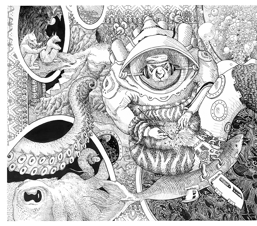 long sequence of connected pen drawings