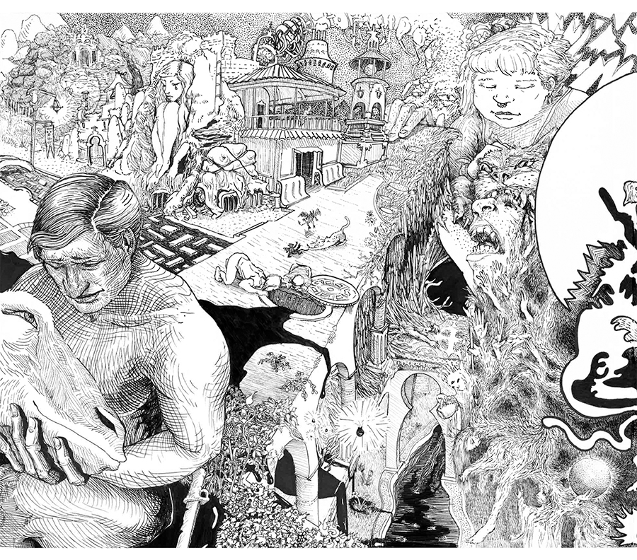 long sequence of connected pen drawings