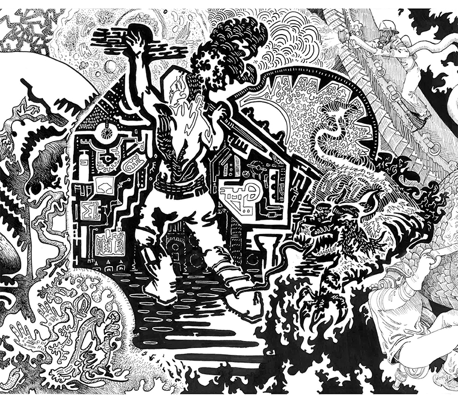 long sequence of connected pen drawings