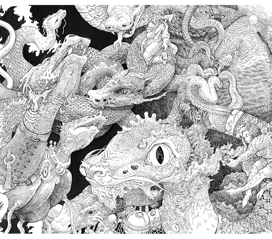 long sequence of connected pen drawings