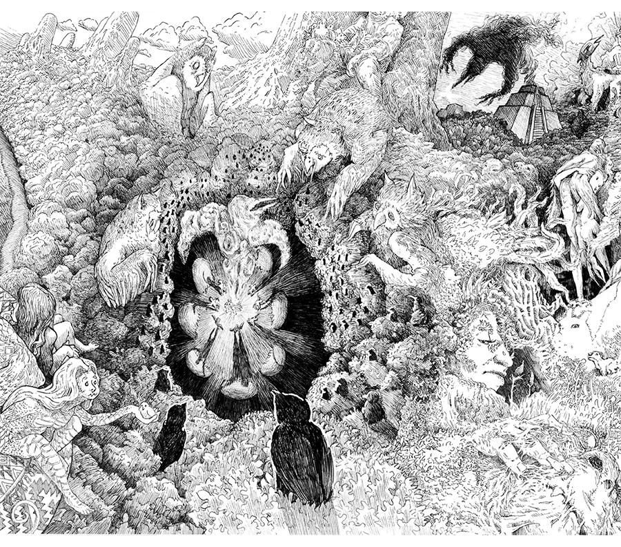 long sequence of connected pen drawings