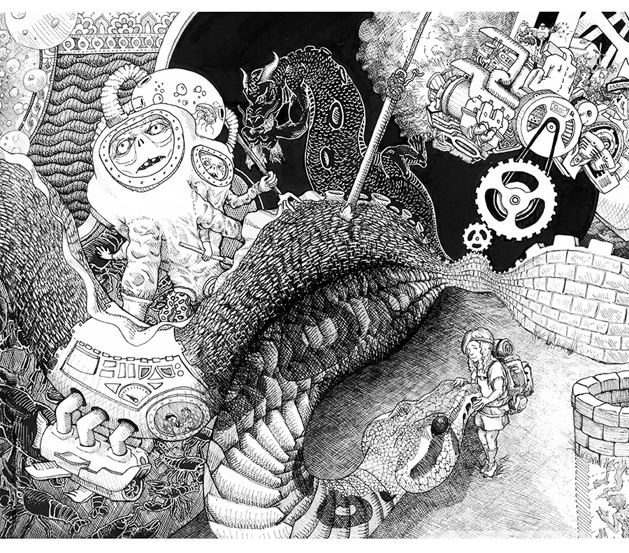long sequence of connected pen drawings