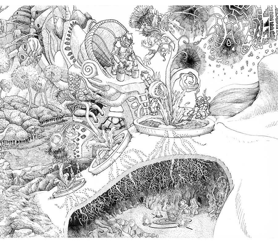 long sequence of connected pen drawings