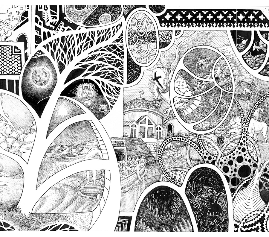 long sequence of connected pen drawings